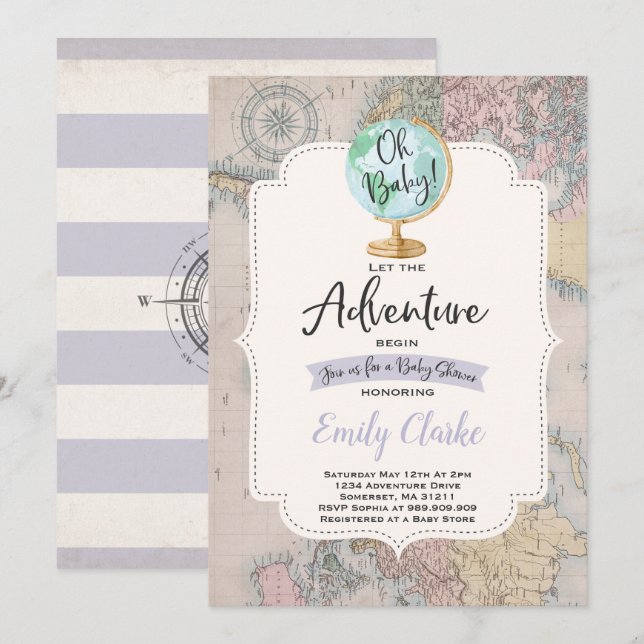 Adventure Begins Baby Shower Invitation Map Shower (Front/Back)