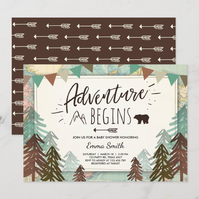 Adventure Begins Baby shower invitation Travel map (Front/Back)