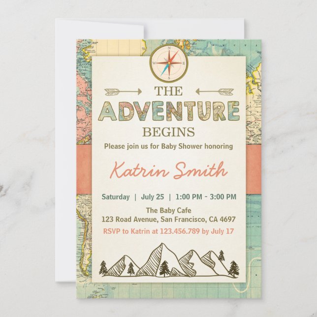 Adventure begins Baby shower invite Travel Map (Front)