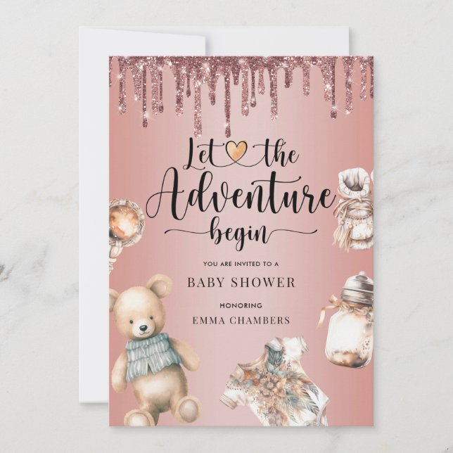 Adventure Begins Baby Shower Rose Gold Glitter Invitation (Front)