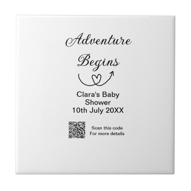 Adventure begins baby shower scan QR code heart si Ceramic Tile (Front)