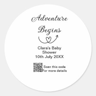 Adventure begins baby shower scan QR code heart si Classic Round Sticker