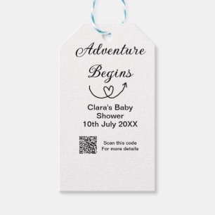 Adventure begins baby shower scan QR code heart si Gift Tags