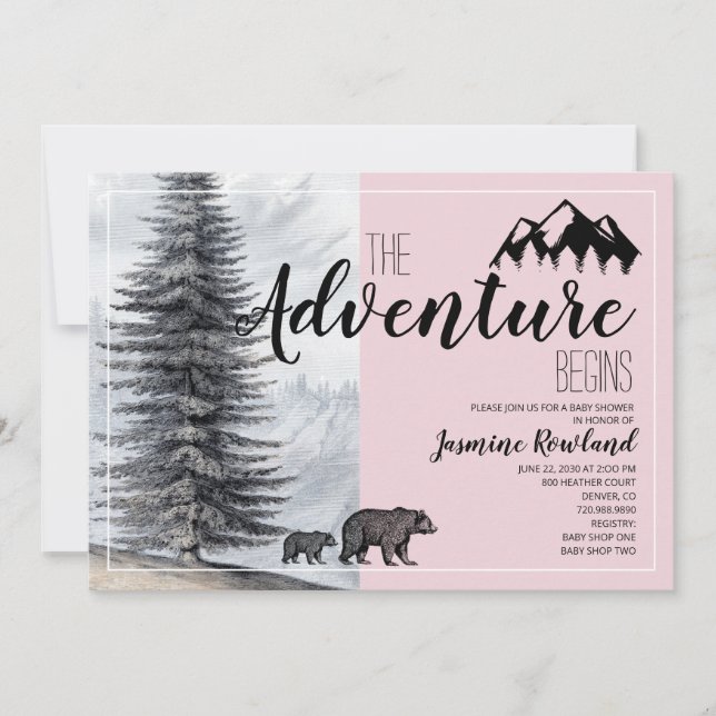 Adventure Begins Bear Pink Baby Girl Shower Invitation (Front)
