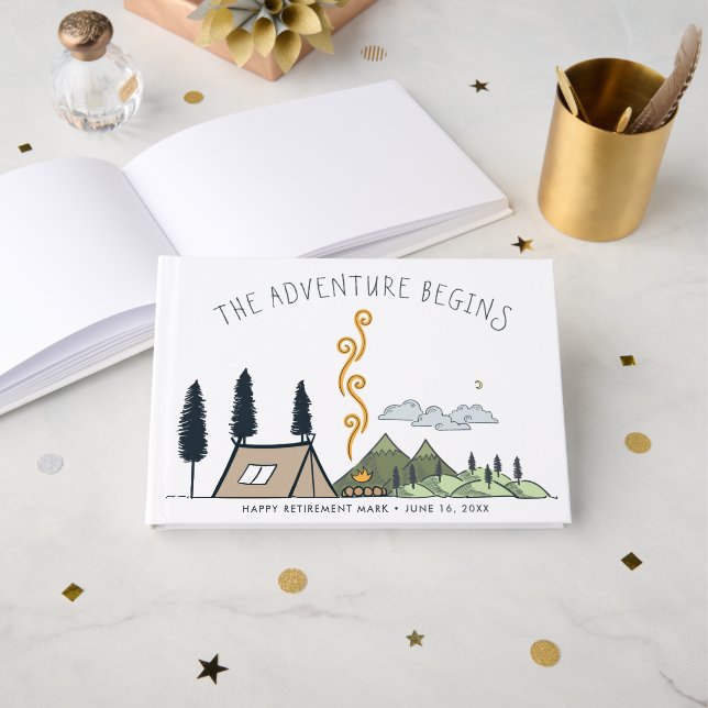Adventure Begins | Camping Themed Retirement Guest Book (Front Open)