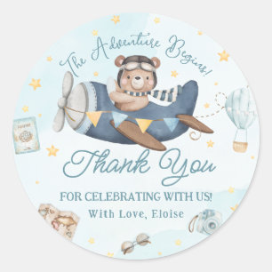 Adventure Begins Cute Bear Plane Boy Baby Shower Classic Round Sticker