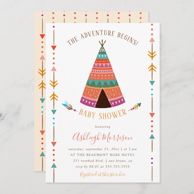 Adventure Begins Cute Tribal TeePee Baby Shower Invitation (Front/Back)