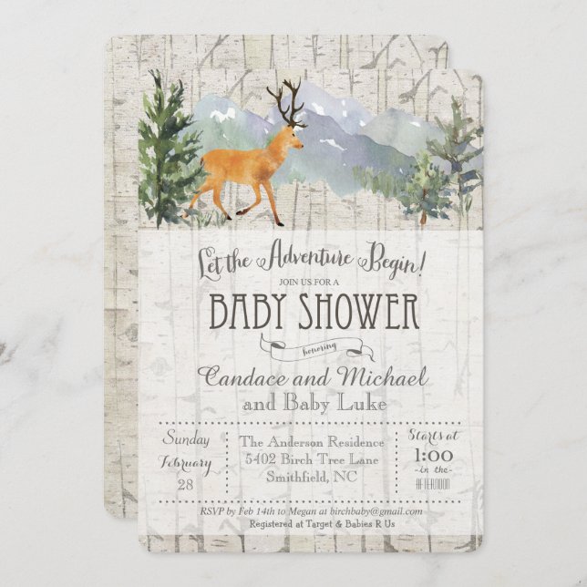 Adventure Begins Deer Birch Baby Shower Invitation (Front/Back)
