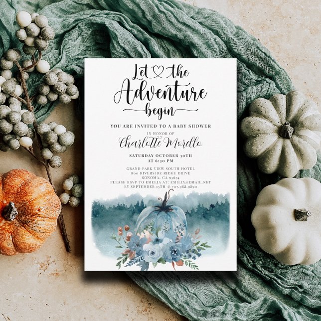 Adventure Begins Dusty Blue Pumpkin Baby Shower Invitation (Creator Uploaded)