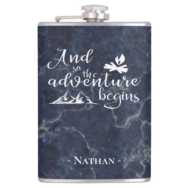 Adventure Begins Elegant Travel Quote Personalised Hip Flask (Front)