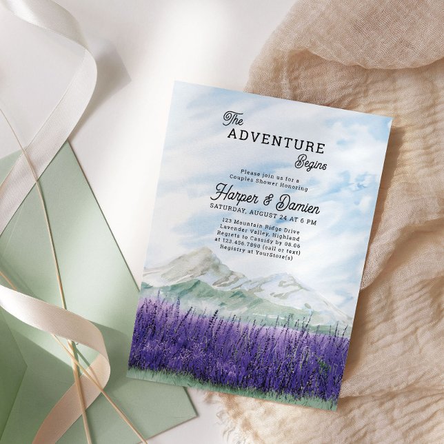 Adventure Begins Mountain Lavender Couples Shower Invitation (The Adventure Begins Couples Shower Invitation from my Mountain Lavender Wedding Collection)