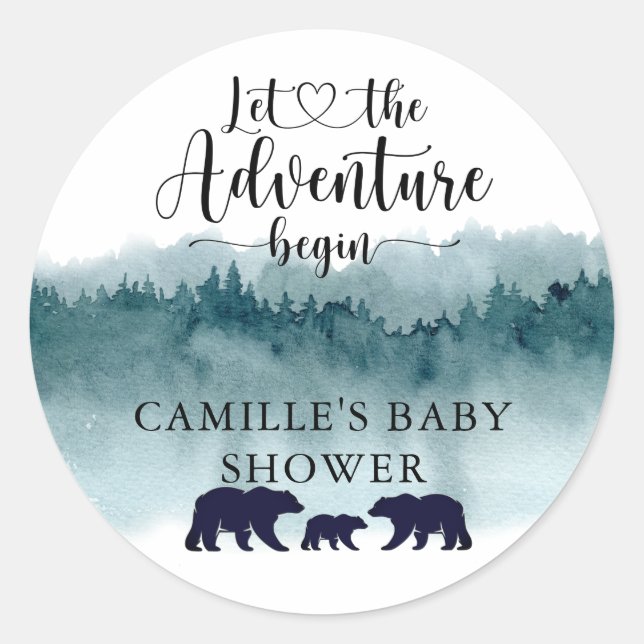 Adventure Begins Mountains Bears Baby Shower Classic Round Sticker (Front)