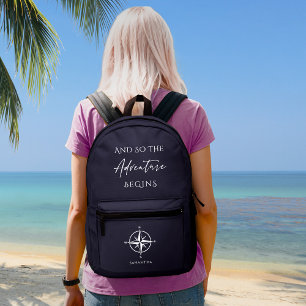 Adventure Begins Navy Travel Personalised  Printed Backpack