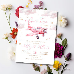 Adventure Begins Pink Aeroplane Girl Baby Shower Invitation
