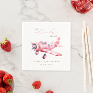 Adventure Begins Pink Aeroplane Girl Baby Shower Napkin
