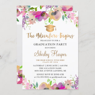 Adventure Begins Pink Floral Graduation Photo Invitation