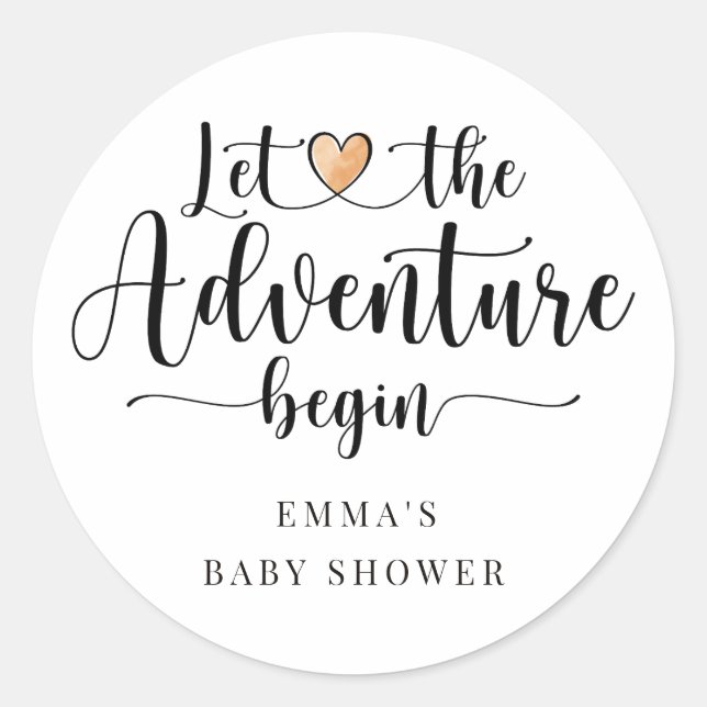 Adventure Begins Pink Heart Baby Shower Classic Round Sticker (Front)