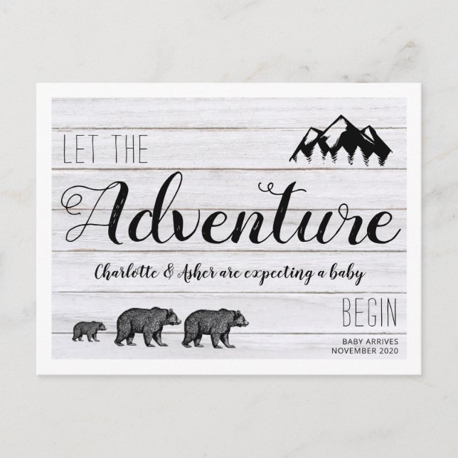 Adventure Begins Rustic Woodland Bears Pregnancy Announcement Postcard (Front)