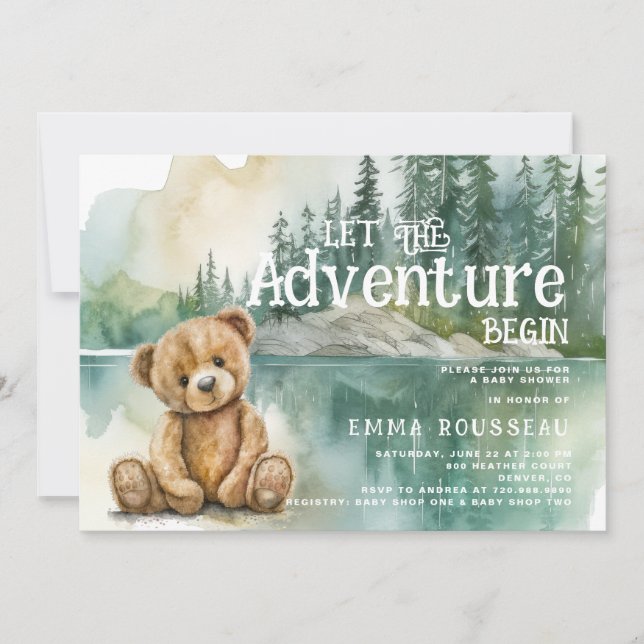 Adventure Begins Teddy Bear Baby Shower Invitation (Front)