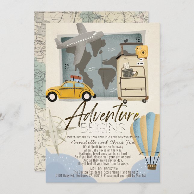 Adventure Begins Travel Map Baby Shower by Mail Invitation (Front/Back)