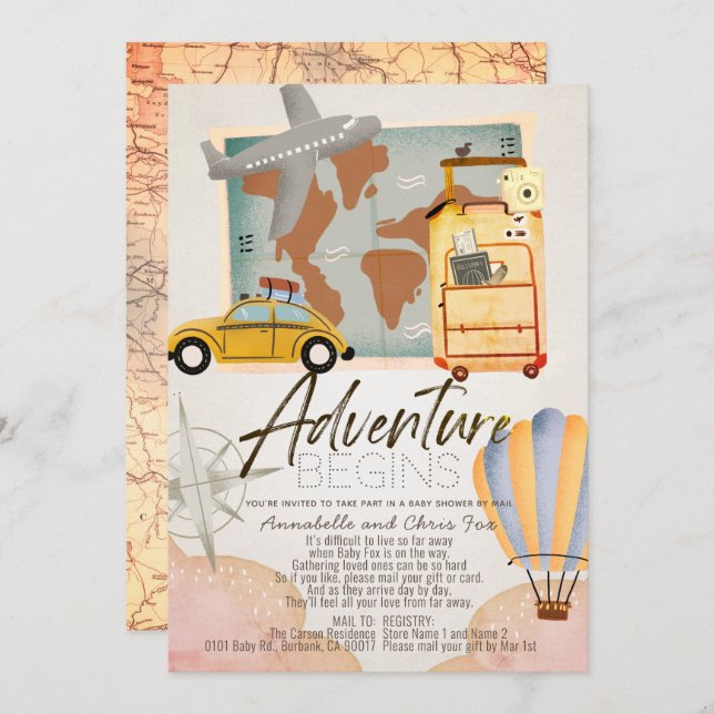 Adventure Begins Travel Pink Baby Shower by Mail Invitation (Front/Back)