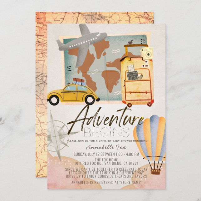 Adventure Begins Travel Pink Drive-by Baby Shower Invitation (Front/Back)