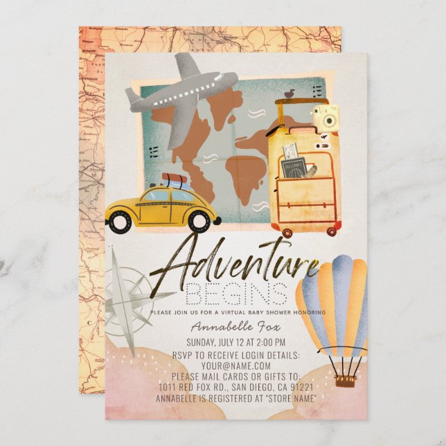 Adventure Begins Travel Pink Virtual Baby Shower Invitation (Front/Back)
