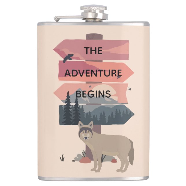 Adventure Begins Travel Sign Post Wilderness Hip Flask (Front)