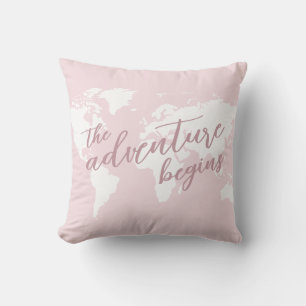 Adventure Begins Travel Theme Pink Cushion
