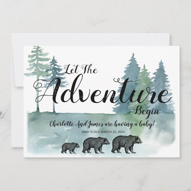 Adventure Begins Watercolor Bears Baby Shower  Announcement (Front)