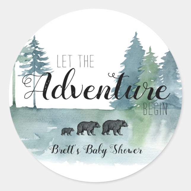 Adventure Begins Watercolor Bears Baby Shower  Classic Round Sticker (Front)