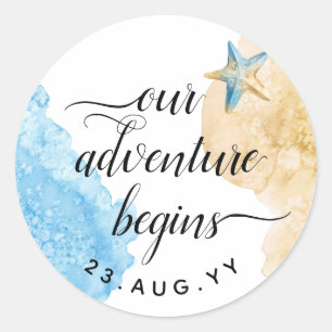 Adventure Begins Watercolor Coastal Beach Wedding Classic Round Sticker
