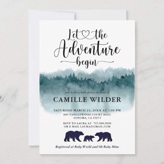 Adventure Begins Watercolor Mountains Bears Invitation (Front)