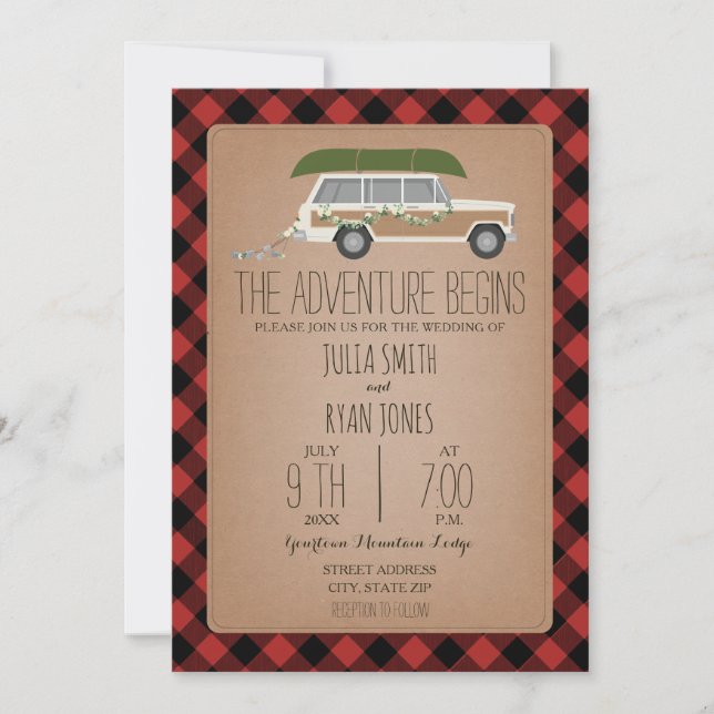 Adventure Begins Wood Panel SUV Canoe Wedding Invitation (Front)