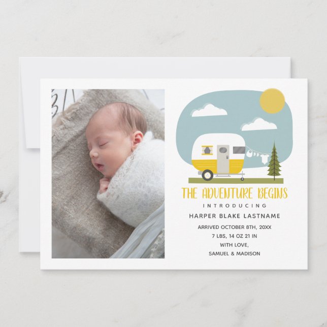 Adventure Begins Yellow Camper Baby Birth Announcement (Front)