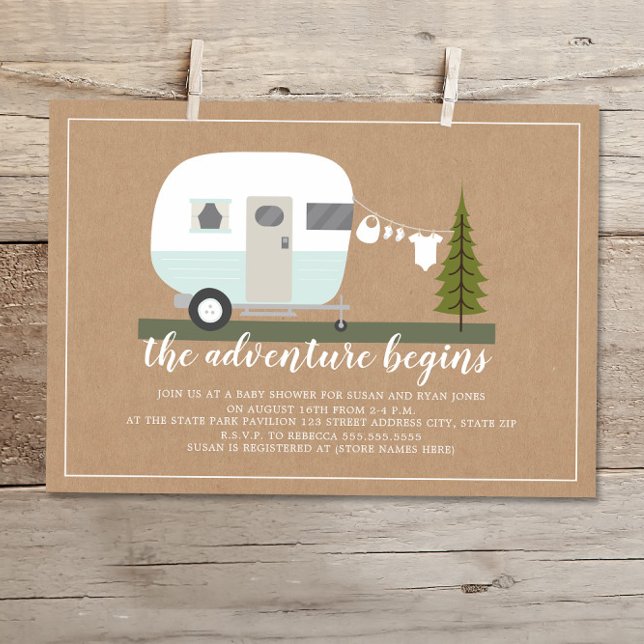 Adventure Blue Trailer Camper Woodland Baby Shower Invitation (Creator Uploaded)