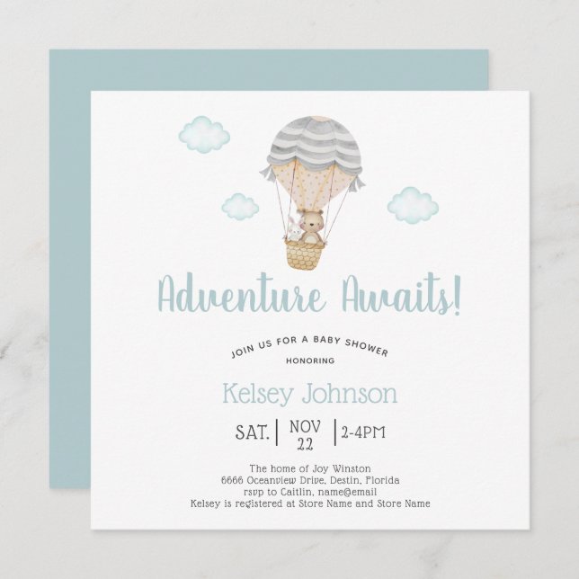Adventure Blue Woodland Teddy Bear Baby Shower Invitation (Front/Back)