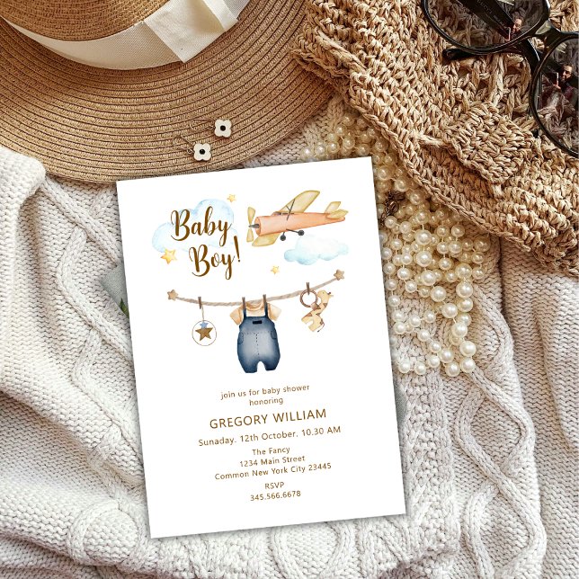 Adventure Boy Clothesline Aeroplane Sky Baby Showe Invitation (Adventure Boy Clothesline Airplane Sky Baby Shower Invitation)