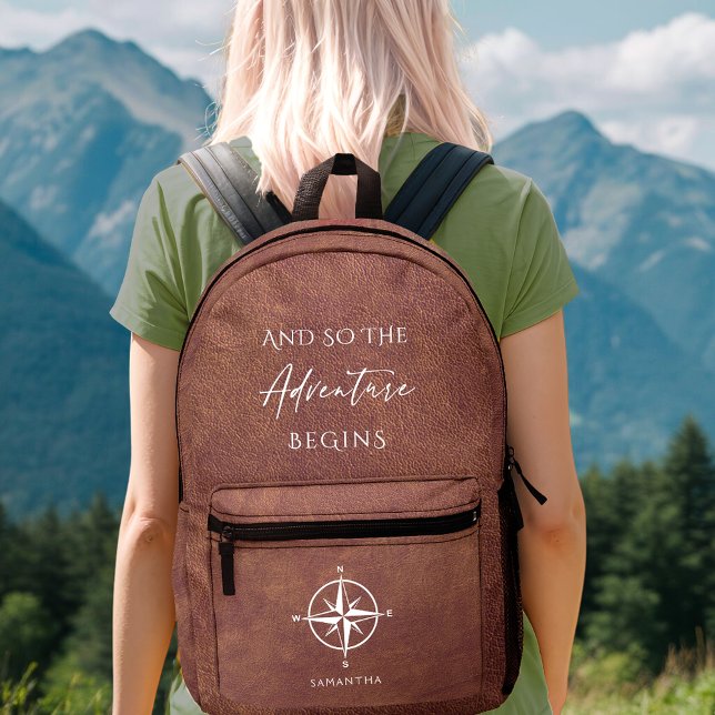 Adventure Brown Leather Travel Personalised Printed Backpack (Creator Uploaded)