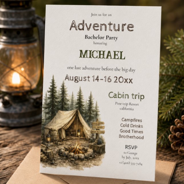 Adventure Cabin Trip Bachelor Party Rustic Camping Invitation (Creator Uploaded)