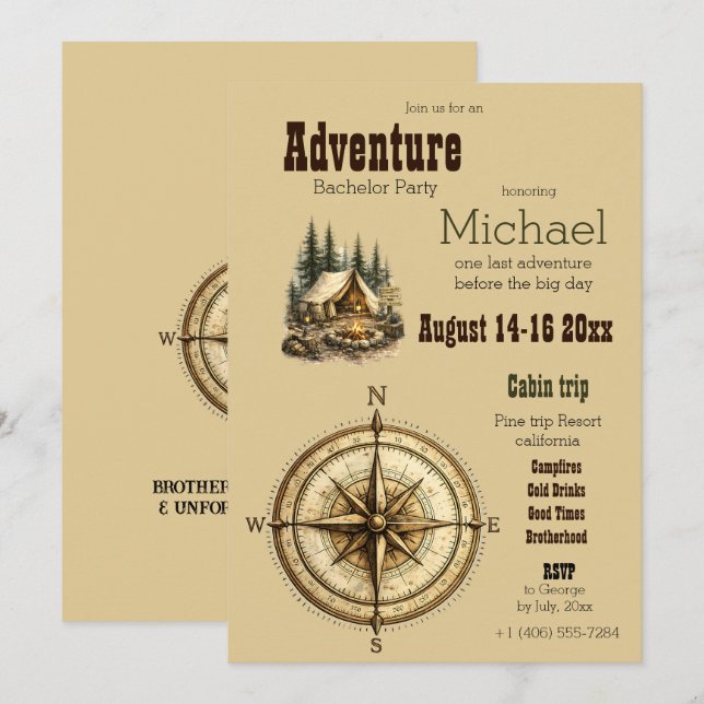 Adventure Cabin Trip Bachelor Party Rustic Camping Invitation (Front/Back)