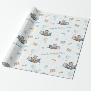 Adventure Cute Aviation Bear Blue Plane Custom Wrapping Paper