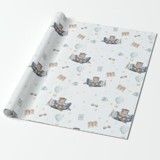 Adventure Cute Aviation Bear Blue Plane  Wrapping Paper