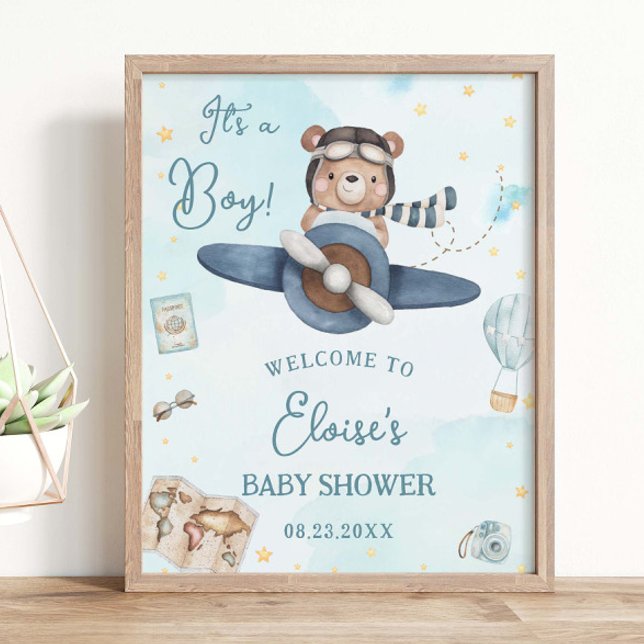 Adventure Cute Bear Blue Plane Boy Baby Shower Poster (Creator Uploaded)