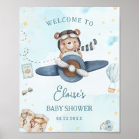 Adventure Cute Bear Blue Plane Boy Baby Shower