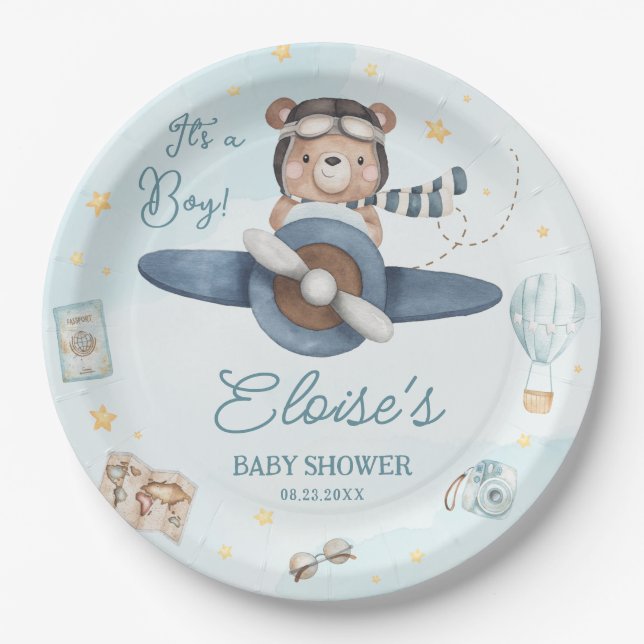 Adventure Cute Bear Blue Plane Oh Boy Baby Shower Paper Plate (Front)