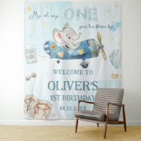 Adventure Cute Elephant Blue Plane 1st Birthday