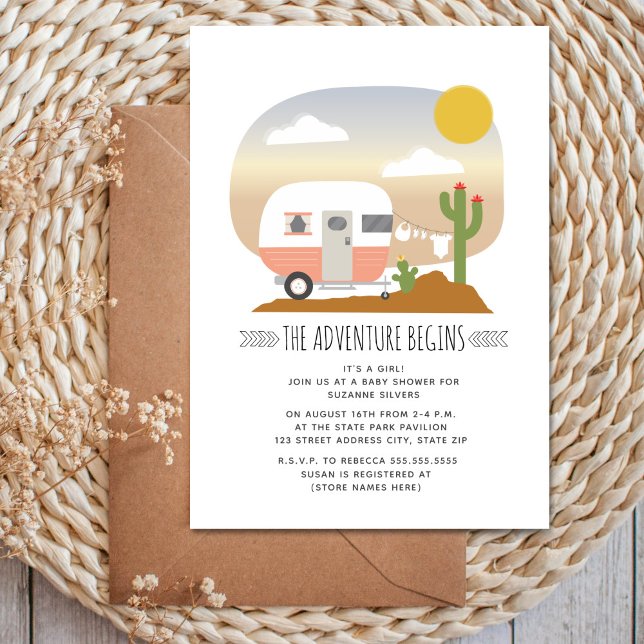 Adventure Desert Pink Camper Girl Baby Shower Invitation (Creator Uploaded)