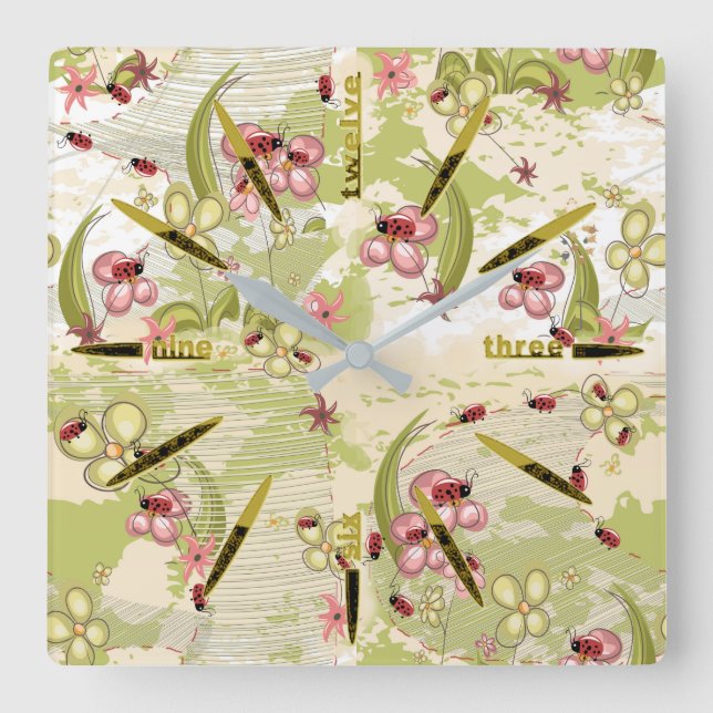 Adventure Ditsy Ladybirds Square Wall Clock (Front)