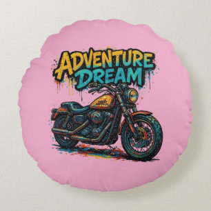 Adventure Dream Ride / Vintage Chopper Motorcycle Round Cushion